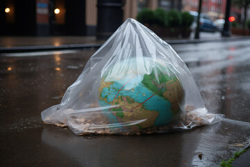 Wall Mural - Earth in a plastic bag left on the street like rubbish. Environment concept. Generative ai