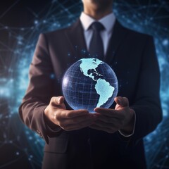 Poster - businessman holding globe. generative ai