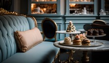 A Beautifully Designed French Patisserie Interior, Featuring Intricate Details, Luxurious Seating, And A Variety Of Decadent Treats On Display