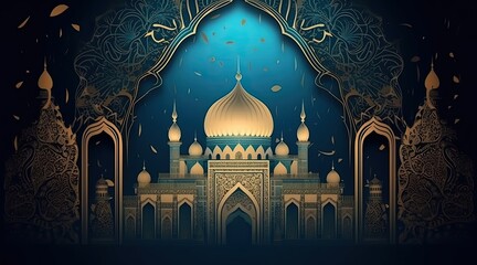 Ancient mosque at night. Ramadan. Travel Taj Mahal abstract background illustration.