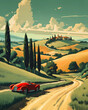 Illustration with a beautiful view of the hills of Tuscany, Italy Generative AI