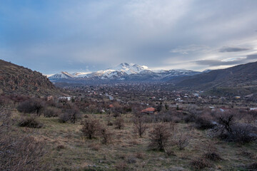 Erciyes Mount with from Kayseri. Height of 3,864 metres is the highest mountain in Cappadocia and central Anatolia. It is a volcano. Hacilar city