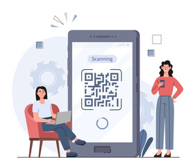 Poster - online payment concept. woman standing near large smartphone with qr code. electronic transfer and t
