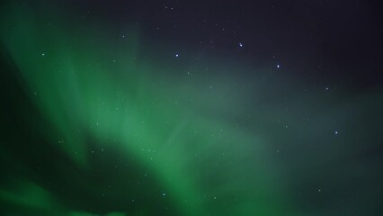 Wall Mural - Green and purple Northern Lights (Aurora Borealis) appear overhead on the night sky. Timelapse. 