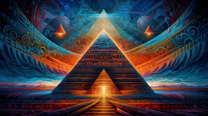 A painting of a pyramid with a stairway leading to it. AI generative.