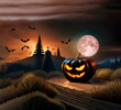 Halloween background with pumpkins, spooky landscape and moon.