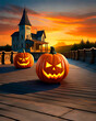 Halloween pumpkins in front of a church at sunset, 3d render