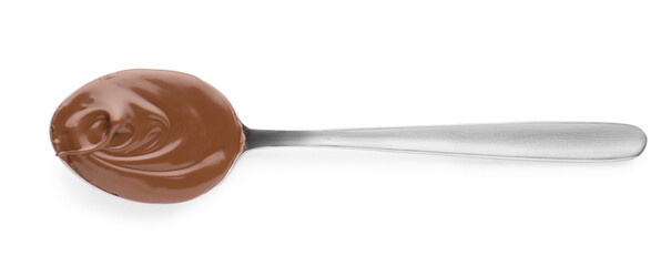 Sticker - Spoon with delicious chocolate paste on white background, top view