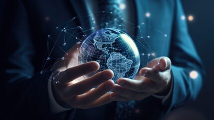 Poster - Corporate Man with a Digital Globe Hologram - AI Generated