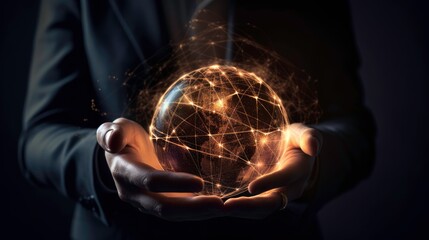 Poster - Futuristic Hologram of a World Map in Businessman’s Hand - AI Generated