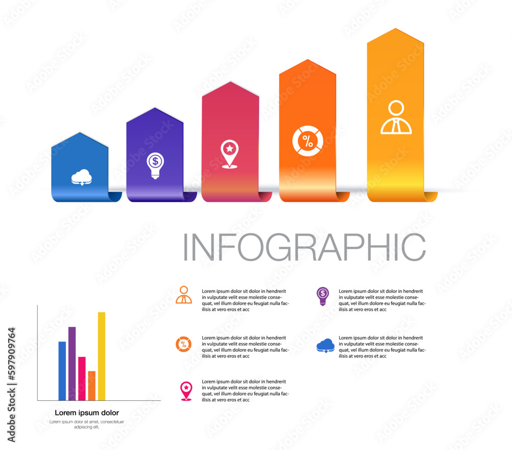 infographic template 5 bar graph for business direction, marketing ...