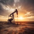 © WS Studio 1985 - Crude oil pump jack at oilfield on sunset background. Fossil crude output and fuels oil production. Oil drill rig. Crude mining concept. generative ai