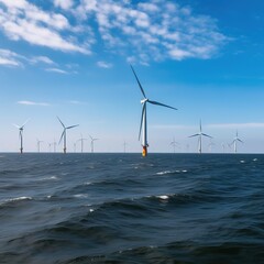 Sticker - windmill park with clouds and a blue sky, windmill park in the ocean aerial view with wind turbine. generative AI