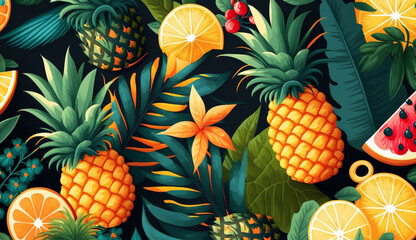 Tropical pattern featuring oranges, pineapples, and other fruits. Generative AI.