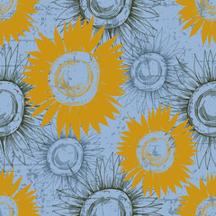 Wall Mural - Seamless pattern with yellow flowers. Sunflower line arts luxury wallpaper design for fabric, prints and background texture, Vector illustration.