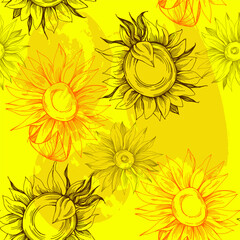 Wall Mural - Seamless pattern with yellow flowers. Sunflower line arts luxury wallpaper design for fabric, prints and background texture, Vector illustration.