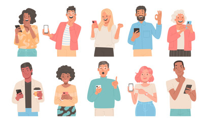 people use mobile phones. characters are holding smartphones in their hands gesticulating. men, wome