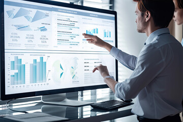 Wall Mural - Business person analyzing accounting data on a laptop screen, concept of data visualization, graphs, charts, infographics, dashboard, financial data, collaboration, discussion