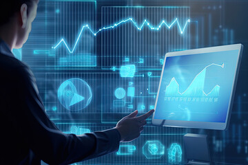 Wall Mural - Business person analyzing data on a laptop screen, concept of data visualization, graphs, charts, infographics, dashboard, accounting, financial data, collaboration, discussion