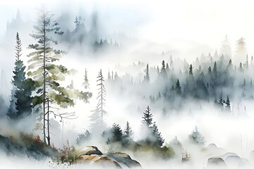 watercolor sketch, morning fog over the taiga