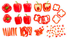 Set Of Ripe Red Bell Peppers Isolated On White Background, Top View