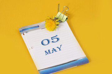 May 5 calendar: desk calendar with yellow dandelion, number 05, name of the month May in English, yellow background