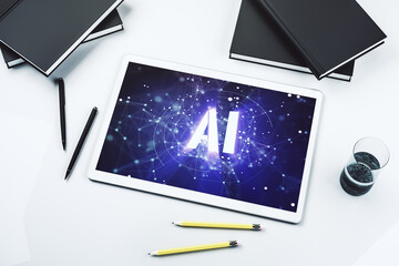 Leinwandbilder - Creative artificial Intelligence symbol concept on modern digital tablet screen. Top view. 3D Rendering