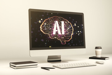 Poster - Modern computer monitor with creative artificial Intelligence symbol. Neural networks and machine learning concept. 3D Rendering