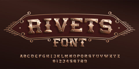 Poster - Rivets alphabet font. Riveted vintage letters and numbers in steampunk style. Stock vector typescript for your design.