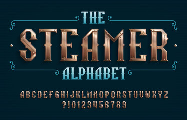 Fototapete - Steamer alphabet font. Riveted geometric letters and numbers in steampunk style. Stock vector typescript for your design.