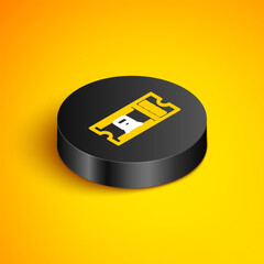 Sticker - Isometric line Train ticket icon isolated on yellow background. Travel by railway. Black circle button. Vector