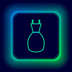 Sticker - Glowing neon line Woman dress icon isolated on black background. Clothes sign. Colorful outline concept. Vector