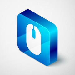 Poster - Isometric Computer mouse icon isolated on grey background. Optical with wheel symbol. Blue square button. Vector