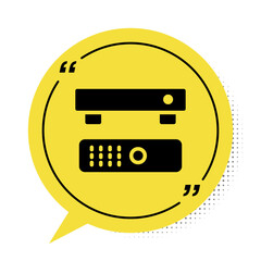 Poster - Black Multimedia and TV box receiver and player with remote controller icon isolated on white background. Yellow speech bubble symbol. Vector