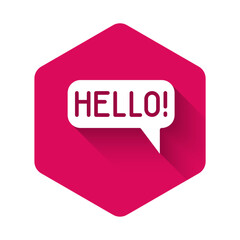 Sticker - White Hello in different languages icon isolated with long shadow background. Speech bubbles. Pink hexagon button. Vector