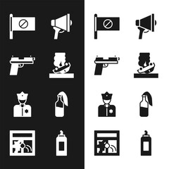 Wall Mural - Set Burning car, Pistol or gun, Protest, Megaphone, Police officer, Cocktail molotov, Paint spray can and Broken window icon. Vector