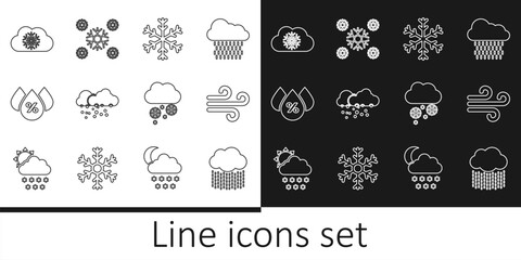 Sticker - Set line Cloud with rain, Wind, Snowflake, snow, Water drop percentage, and icon. Vector