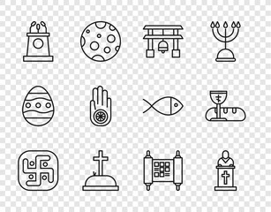 Wall Mural - Set line Jainism, Church pastor preaching, Japan Gate, Tombstone with cross, Stage stand tribune, Dharma, Decree, paper, parchment, scroll and First communion symbols icon. Vector