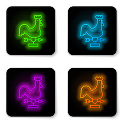 Poster - Glowing neon line Rooster weather vane icon isolated on white background. Weathercock sign. Windvane rooster. Black square button. Vector