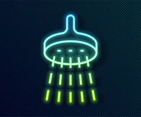 Canvas Print - Glowing neon line Shower head with water drops flowing icon isolated on black background. Vector