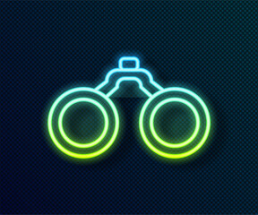 Sticker - Glowing neon line Binoculars icon isolated on black background. Find software sign. Spy equipment symbol. Vector