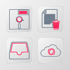 Poster - Set line Cloud sync refresh, Social media inbox, Delete file document and Floppy disk the 5.25-inch icon. Vector