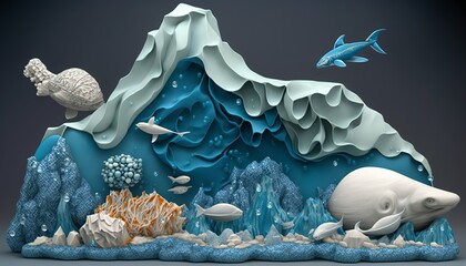 Wall Mural - ocean pollution with plastic very detailed 2D arctic oceanic life in danger