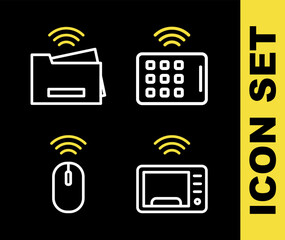 Poster - Set line Wireless tablet, Smart microwave oven, mouse and printer icon. Vector