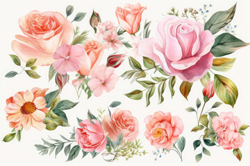  Beautiful romantic flower collection with roses leaves