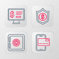 Sticker - Set line Mobile banking, Safe, Shield with dollar and Monitor icon. Vector