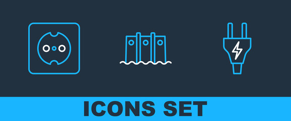 Poster - set line electric plug, electrical outlet and hydroelectric dam icon. vector