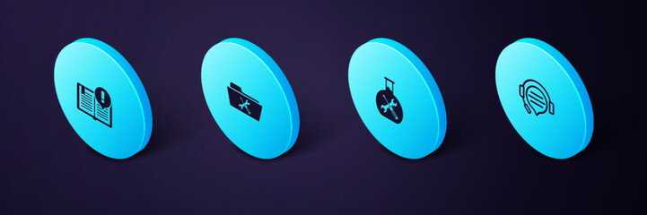 Sticker - Set Isometric Headphones with speech bubble chat, Bioengineering service, Folder and Interesting facts icon. Vector