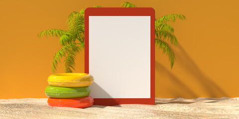 Blank online tablet PC mockup application screen on beach sand and cute objects design, summer booking app. Yellow background, copy space, clipping path. 3d render shopping, vacation, sale template