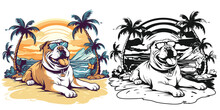 A Cute Bulldog Lounging On A Beach Towel Under An Umbrella.Illustration Of T-shirt Design Graphic.